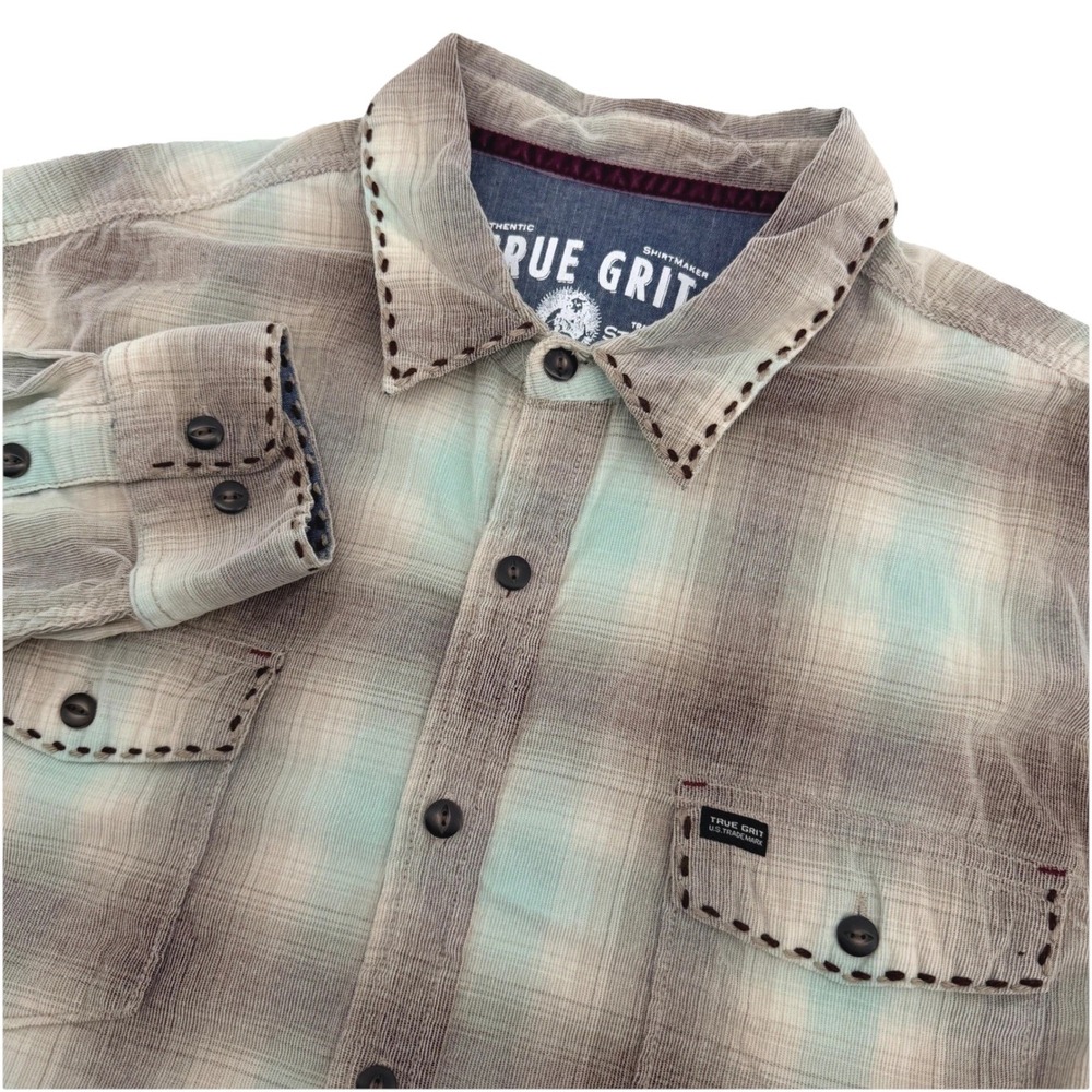 True Grit Shirt Mens XL Grey Plaid Blanket Stitch Lux Cord Long Sleeve Cotton